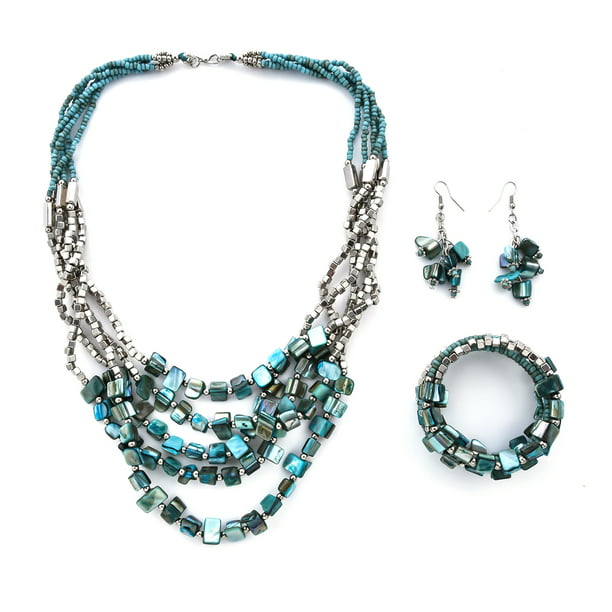 Handmade Murano  Jewellery Set Mixed Blue Colors Glass Pendant and Earrings